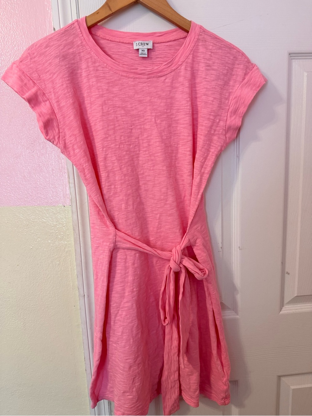 J.Crew women's 100% cotton pink XS short sundress attached side wrap tie Preppy